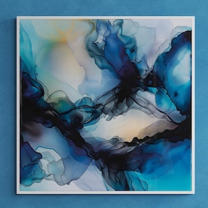 May include: Abstract art print featuring flowing, layered ink in shades of blue, teal, and black. The artwork has a watercolor effect, with a white border and a blue background.