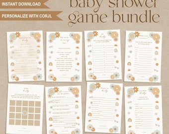 Babyshowerspellen Groovy Baby jaren 70 Retro babyshoweractiviteiten Instant Download Gepersonaliseerde Hippie Babyshower-sjabloon Feestspellen GB1