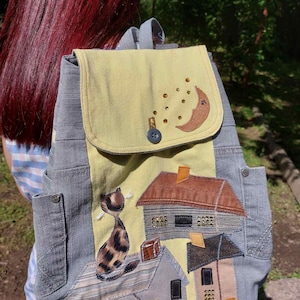 Recycelter Jeansrucksack, Handgemachter Jeansrucksack mit Applikation, Lässiger Jeansrucksack, Jeansrucksack für die Schule, Reise-Jeansrucksack