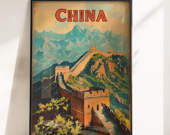 Plakat podróżniczy Vintage China - Wielki Mur Chiński Plakat - Sztuka ścienna Vintage Chinese - Wielki Mur Chiński Sztuka ścienna Retro - Wydruk podróżniczy China