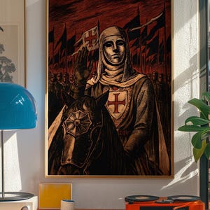 May include: Framed print of a medieval knight on horseback, raising a hand in salute. The knight wears a white hood and a shield with a red cross. The background features a red sky and black flags.