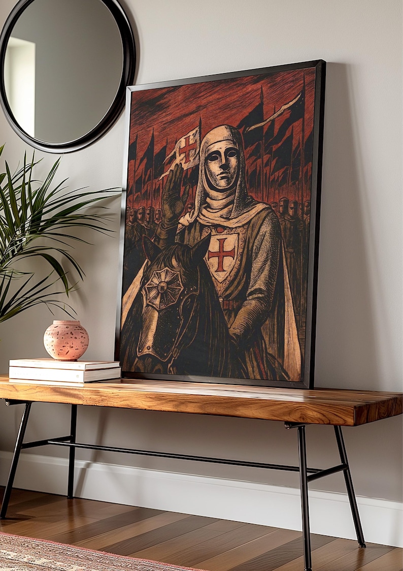 May include: Framed artwork depicting a medieval knight on horseback, raising a hand in salute. The knight wears a white tunic with a red cross, and a helmet. The background features a red sky, flags, and a line of soldiers. The artwork is displayed on a wooden bench.