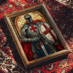 Póster de vidrieras de caballero templario: arte mural de guerrero medieval, lámina de espada y escudo de cruzado, decoración gótica para el hogar imagen 3