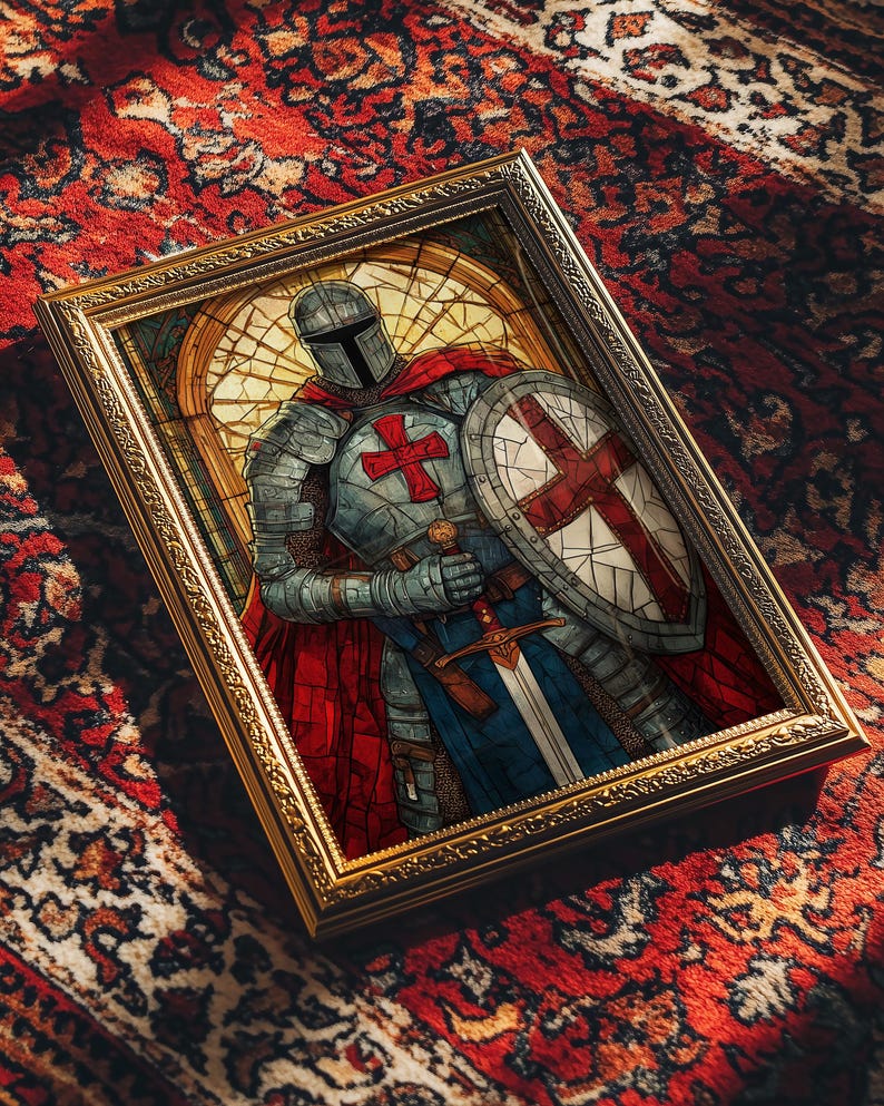 Póster de vidrieras de caballero templario: arte mural de guerrero medieval, lámina de espada y escudo de cruzado, decoración gótica para el hogar imagen 3