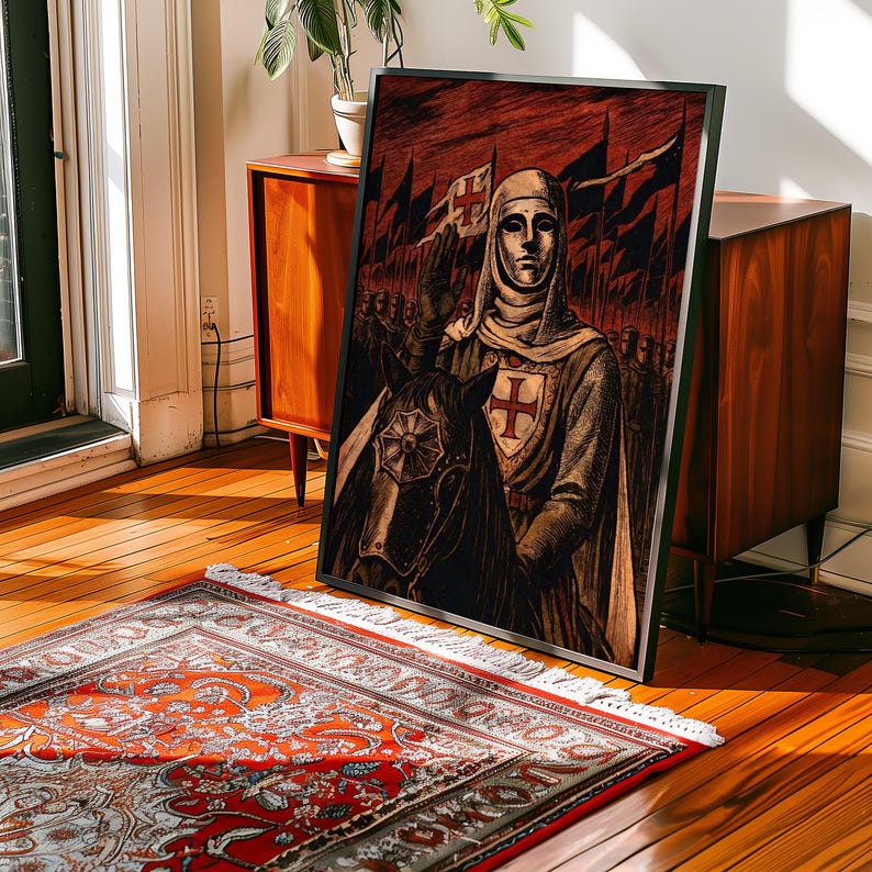 May include: Framed artwork depicting a medieval knight on horseback, with a red and black color scheme. The knight is wearing a white hood and tunic with a red cross. The background shows a line of soldiers and flags.