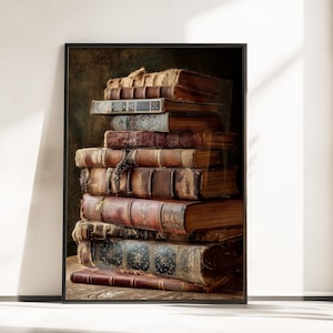 Vintage Book Stack Poster - Antique Books Wall Art - Library Poster Print - Book Stack Wall Art - Historical Book Poster - Leather Book Art