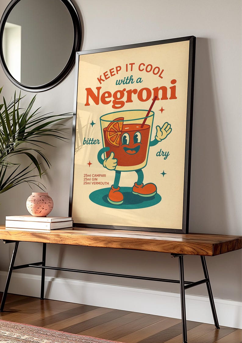 以下が含まれることがあります： 「KEEP IT COOL with a Negroni」の文字が入った、フレーム入りのヴィンテージスタイルのポスター。イラストは、笑顔の顔、オレンジスライス、ストローが付いた漫画のネグローニカクテルです。ポスターには、材料として25mlのカンパリ、ジン、ベルモットが含まれています。