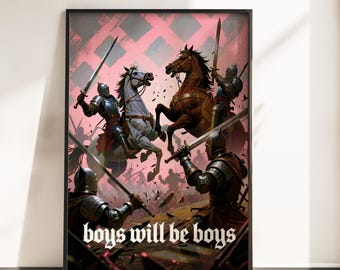 Plakat z bitwą średniowiecznych rycerzy – dekoracja ścienna do jaskini mężczyzny – wydruk artystyczny z rycerzami na pojedynkach – plakat z historycznym wojownikiem – humorystyczny plakat historyczny