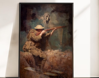WWI Soldier Poster – Grim Reaper War Art Print, Dark Military Painting, Vintage Trench Warfare Decor, Historical Army Wall Art