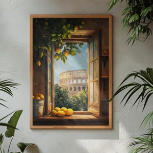 Venster naar het oude Rome poster, citroen kunst decor, kunst aan de muur oude Rome, Romeinse rijk, Colosseum poster, Romeins stadsgezicht, Rome reisposter, Romeins stadsgezicht, Rome reisposter afbeelding 1