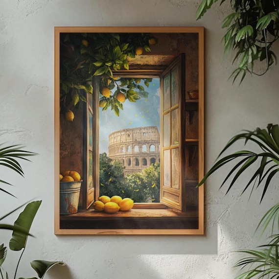 Window to Ancient Rome Poster, Lemon Art Decor, Ancient Rome Wall Art, Roman Empire, Colosseum Poster, Roman Cityscape, Rome Travel Poster