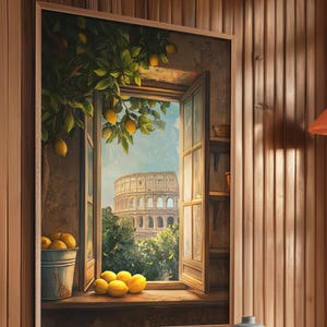 Venster naar het oude Rome poster, citroen kunst decor, kunst aan de muur oude Rome, Romeinse rijk, Colosseum poster, Romeins stadsgezicht, Rome reisposter, Romeins stadsgezicht, Rome reisposter afbeelding 4