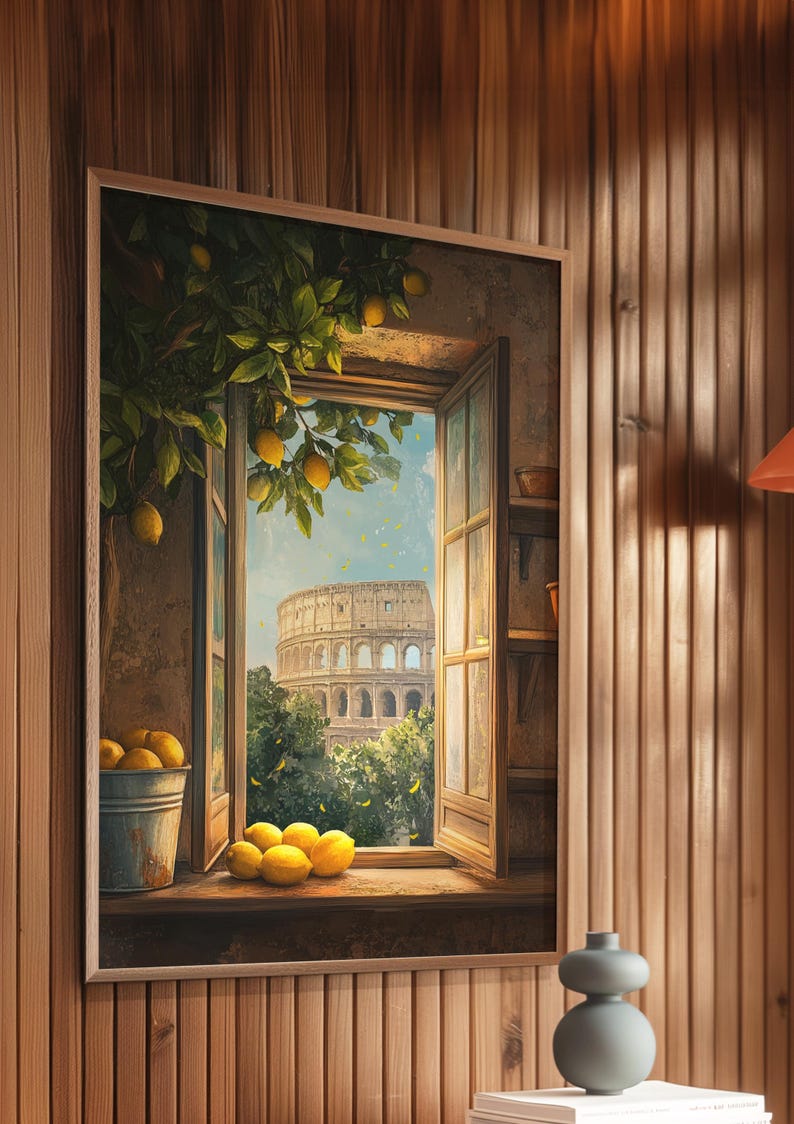 Venster naar het oude Rome poster, citroen kunst decor, kunst aan de muur oude Rome, Romeinse rijk, Colosseum poster, Romeins stadsgezicht, Rome reisposter, Romeins stadsgezicht, Rome reisposter afbeelding 4