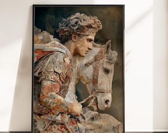 Alexander de Grote mozaïekkunst aan de muur - poster Alexander en Bucephalus - Alexander de Grote muurafdruk - Alexander de grote historische kunst