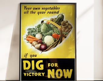 Póster vintage de la Segunda Guerra Mundial "Cava para la victoria" – Lámina decorativa retro para pared de jardín o hogar