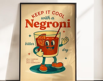 Retro Negroni Cocktail Poster - Vintage Bar Art Print - Home Bar Decor - Negroni Art Print - Negroni Wall Art - Cocktail Poster Print