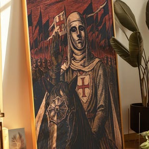 May include: A framed print depicting a medieval knight on horseback, with a red cross emblem on the shield and banner. The artwork features a red and brown color palette, with a gold frame. The knight is raising a hand, and there are many flags in the background.
