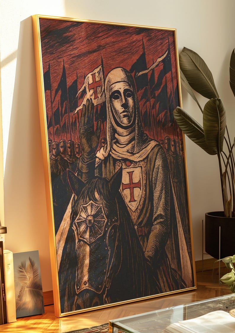 May include: A framed print depicting a medieval knight on horseback, with a red cross emblem on the shield and banner. The artwork features a red and brown color palette, with a gold frame. The knight is raising a hand, and there are many flags in the background.
