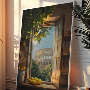 Venster naar het oude Rome poster, citroen kunst decor, kunst aan de muur oude Rome, Romeinse rijk, Colosseum poster, Romeins stadsgezicht, Rome reisposter, Romeins stadsgezicht, Rome reisposter afbeelding 3