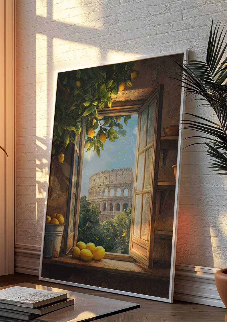 Venster naar het oude Rome poster, citroen kunst decor, kunst aan de muur oude Rome, Romeinse rijk, Colosseum poster, Romeins stadsgezicht, Rome reisposter, Romeins stadsgezicht, Rome reisposter afbeelding 3