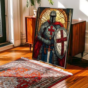 Póster de vidrieras de caballero templario: arte mural de guerrero medieval, lámina de espada y escudo de cruzado, decoración gótica para el hogar imagen 2
