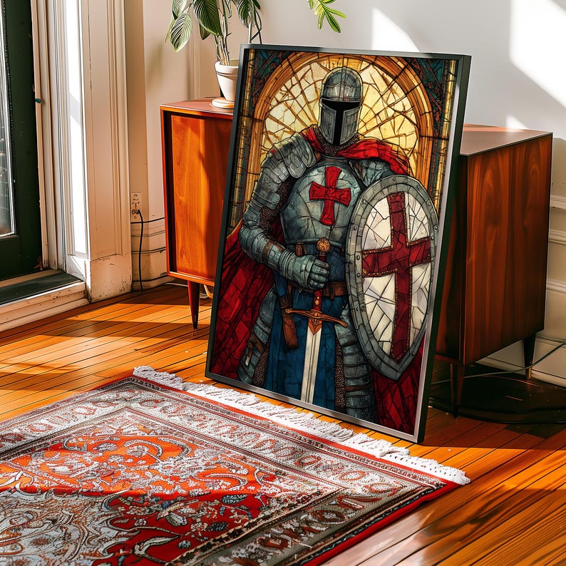 Póster de vidrieras de caballero templario: arte mural de guerrero medieval, lámina de espada y escudo de cruzado, decoración gótica para el hogar imagen 2