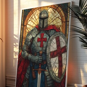 Póster de vidrieras de caballero templario: arte mural de guerrero medieval, lámina de espada y escudo de cruzado, decoración gótica para el hogar imagen 4