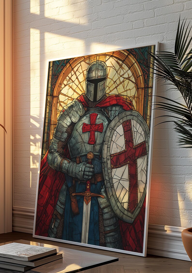 Póster de vidrieras de caballero templario: arte mural de guerrero medieval, lámina de espada y escudo de cruzado, decoración gótica para el hogar imagen 4