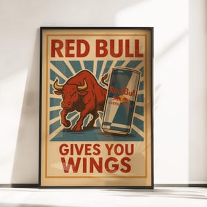 Red Bull Vintage Poster - Retro Red Bull Wall Art - Man Cave Decor - Red Bull Print - Retro Advertisement Poster - Red Bull Merchandise