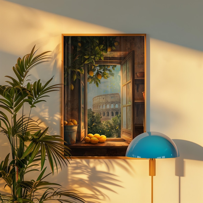 Venster naar het oude Rome poster, citroen kunst decor, kunst aan de muur oude Rome, Romeinse rijk, Colosseum poster, Romeins stadsgezicht, Rome reisposter, Romeins stadsgezicht, Rome reisposter afbeelding 2