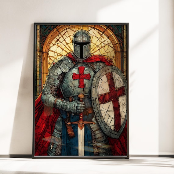 Templar Knight Stained Glass Poster – Medieval Warrior Wall Art, Crusader Sword and Shield Print, Gothic Home Decor