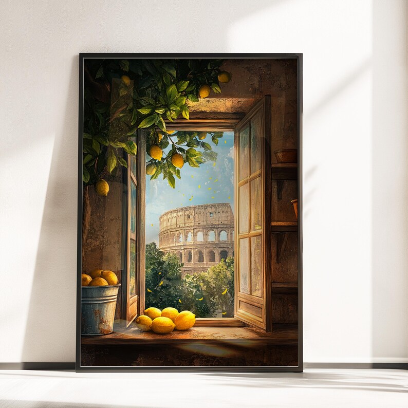 Op de afbeelding: Een schilderij van een raam met uitzicht op het Colosseum in Rome, Itali&euml;. Het raam staat open en er hangen citroenen aan een boom buiten. Er liggen ook citroenen op een tafel voor het raam.