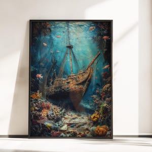 Versunkenes Piratenschiff Unterwasser Kunstdruck - Schiffbruch Poster - Nautisches Ozean Dekor Poster - Schiffbruch Wandkunst - Tropischer Ozean Poster Druck