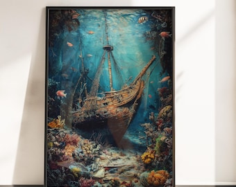 Impresión artística submarina de un barco pirata hundido - Póster de naufragio - Póster de decoración náutica oceánica - Arte mural de naufragio - Póster de océano tropical