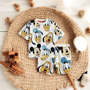 Donald Duck Cartoon Outfit | Kids Full Print T-Shirt  Shorts Set | 2-Piece Tracksuit | Boys & Girls | 9M–4Y
