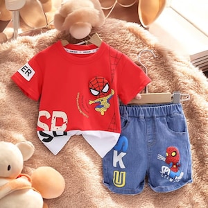 Disney Spiderman Sommer Outfit Baby Junge | Kurzarm T-Shirt & Jeans Set | Kinder Mode Kleidung | 80–130