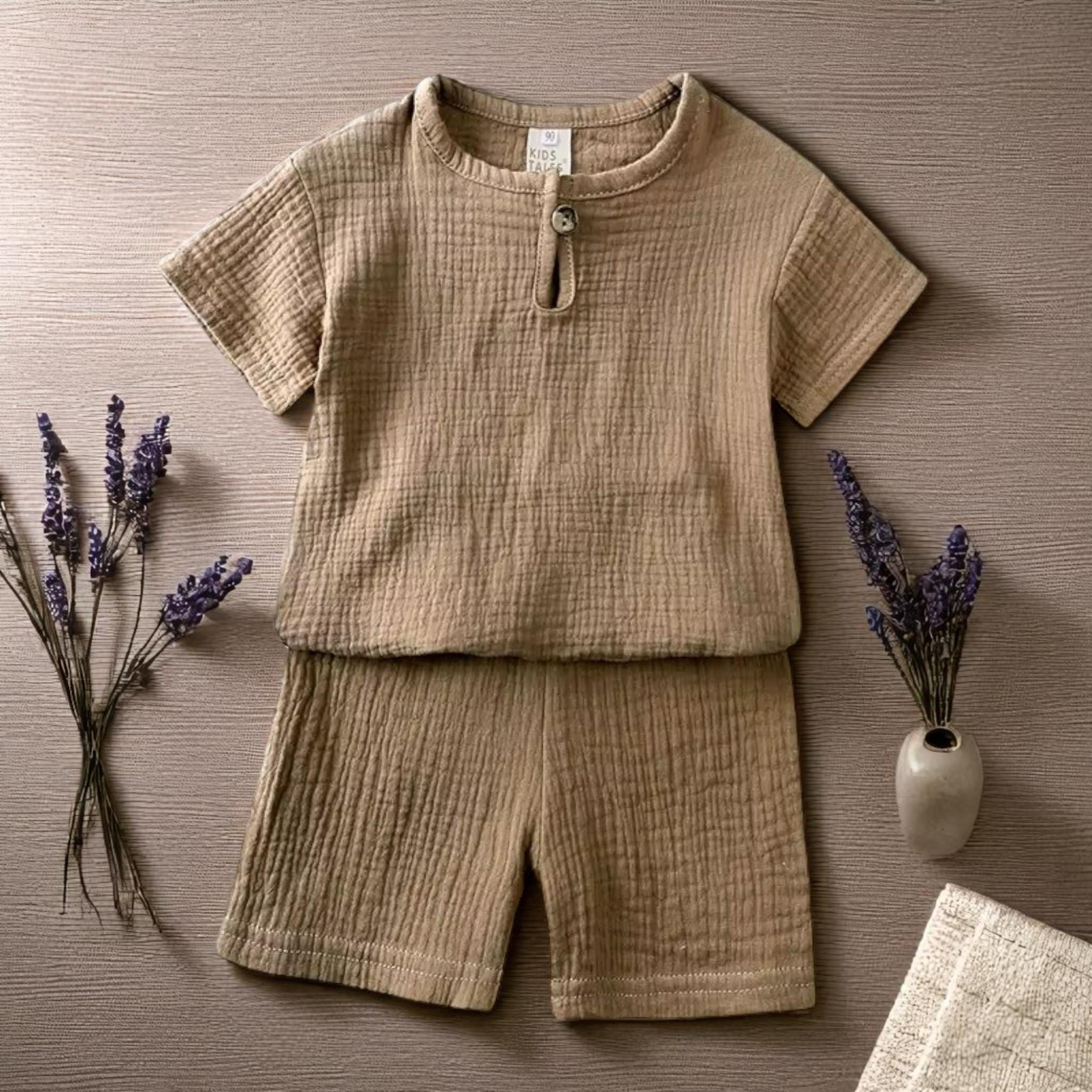 Dark Grey Cotton Linen Kids Outfit | Unisex Summer 2-Piece Set | Short Sleeve Top Shorts for Boys & Girls | 2–7 Years