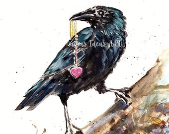 Crow gift, crow with heart, grow giving gift, art, black crow, raven, black bird, bird art love, Valentines day,  Marias Ideas Art