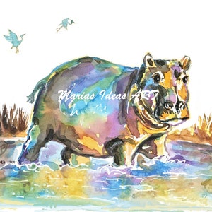 African animal art, hippo art, nursery wall art, hippopotamus art, hippo in water print, African hippo,  Marias Ideas Art,