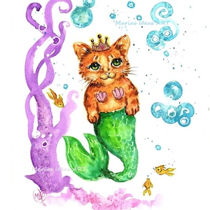 Purrmaid, Cat with mermaid tail, mermaid tail, Under the Sea art, Mermaid Princess, nursery wall art, kids room, bathroom wall art
