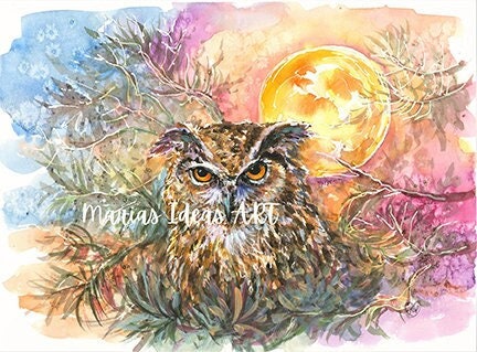 Owl art, owl print, owl wall art, Eurasian Eagle owl, fall art, autumn wall art, Owl with full moon,