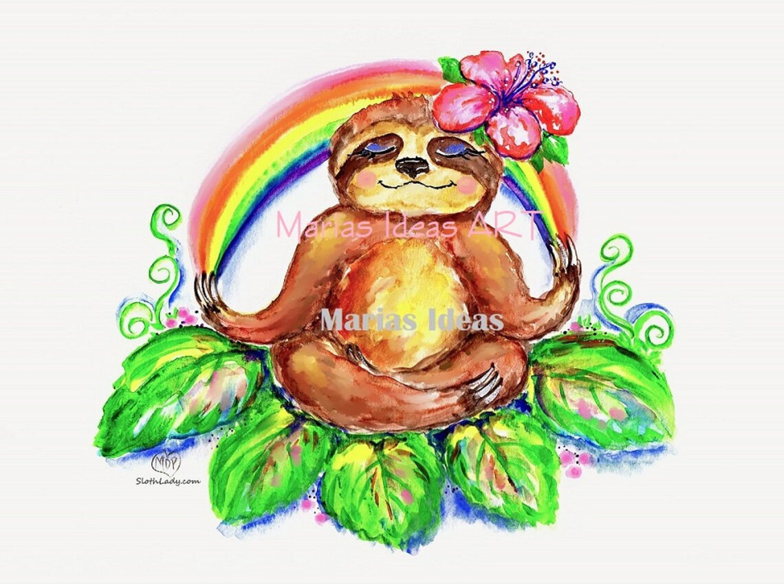 Sloth Yoga, Yoga Wall Art, Zen Sloth, Sloth With Rainbow, Sloth Yoga
