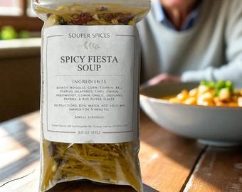 Peut inclure: Un sachet en plastique transparent de mélange pour soupe Souper Spices Spicy Fiesta contenant des pâtes papillon, des légumes séchés et des épices. L'étiquette blanche indique les ingrédients, les instructions de cuisson et un poids de 57g.