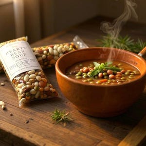 May include: A steaming bowl of hearty bean soup with fresh parsley garnish, next to a bag of dried beans. The soup is in a rustic brown bowl on a wooden surface. A bag of dried beans is visible in the background, with the words "Hearty Bean Soup" printed on the label.