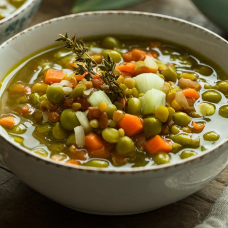 May include: A bowl of vegetable soup with green peas, diced carrots, and celery. The soup is topped with a sprig of thyme. The bowl is white with a brown rim.