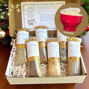 May include: A gift box containing six clear plastic pouches of popcorn kernels and seasoning blends labeled Dill Pickle, Gingerbread, GS Thin Mint, Doritos Cool Ranch, and Reese's PB Cup, plus a red silicone popcorn popper with a white lid.