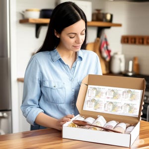 May include: A woman holding an open white box containing soup ingredients and a wooden spoon. The box includes six different soup varieties, each with a label. The woman is wearing a light blue button-down shirt.
