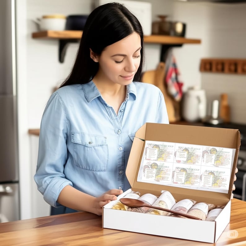 May include: A woman holding an open white box containing soup ingredients and a wooden spoon. The box includes six different soup varieties, each with a label. The woman is wearing a light blue button-down shirt.
