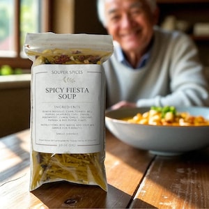 Puede incluir: Una bolsa de plástico transparente de mezcla de sopa Spicy Fiesta de Souper Spices. La etiqueta enumera ingredientes como fideos de lazo, maíz y chiles. La bolsa está sobre una mesa de madera con un cuenco de sopa y una persona en el fondo.