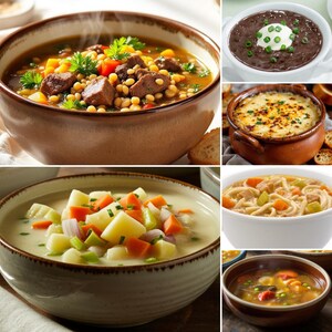 May include: A collage of six bowls of soup and stew, including beef and vegetable stew, black bean soup with sour cream, a baked cheese-topped dish, creamy potato and vegetable soup, chicken noodle soup, and a clear vegetable broth with diced vegetables.